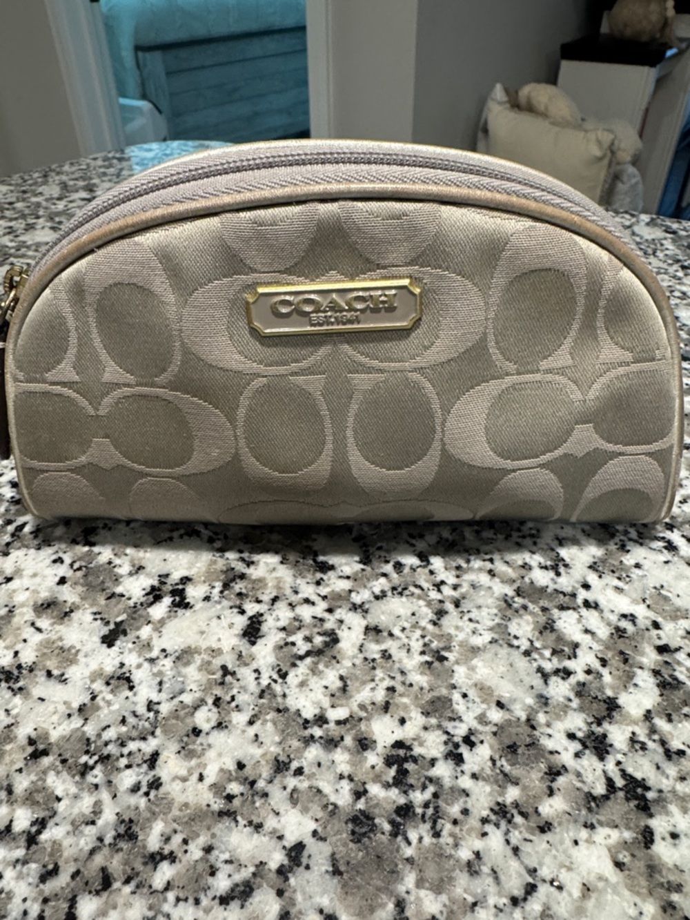 Coach Authentic Signature Silver Cosmetic Pouch for Purse W/Pink Lining